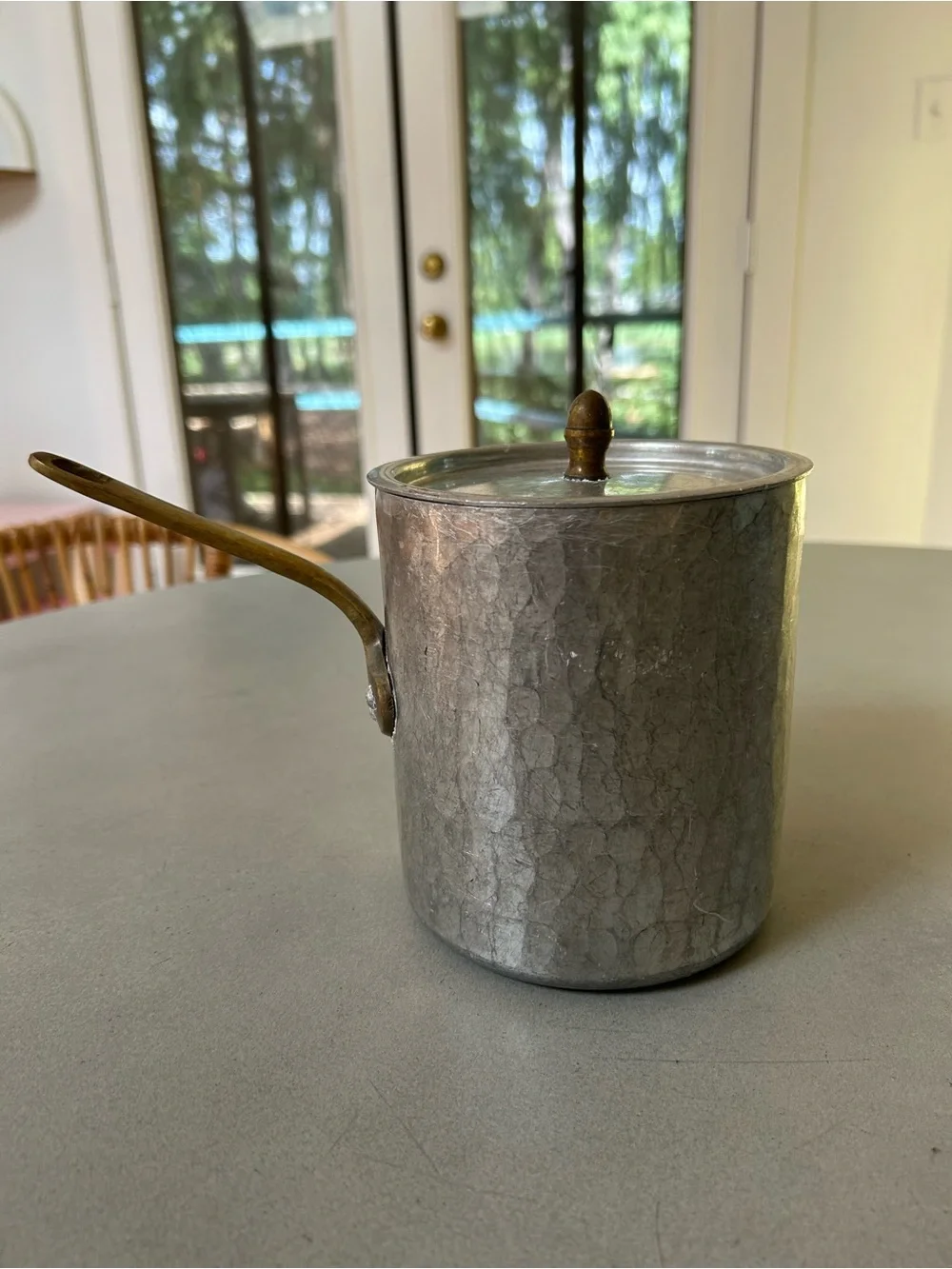 Vintage Maufer France Aluminum Saucepan Pot with Lid Brass Handle
